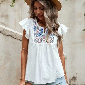 NWOT Floral Embroidery Notched Neck Ruffle Trim Blouse Size Small (4)